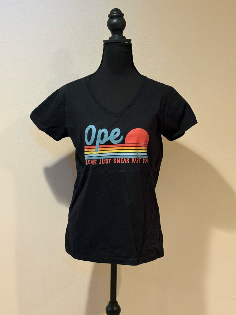 OPE Gildan Black V-Neck Tee with Retro Sunrise Graphic